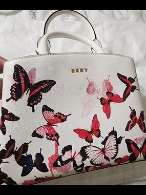 DKNY White Satchel with Pink & Red Butterfly Print